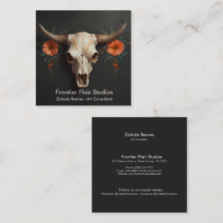 Boho Chic Watercolor Minimalist Floral Cow Skull Square Business Card