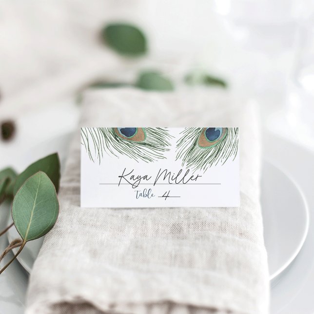 Boho Chic Watercolor Peacock Feather Place Card (Creator Uploaded)