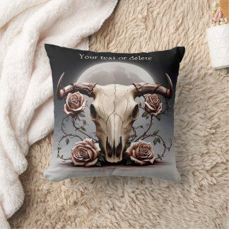 Boho Chic Watercolor Romantic Floral Cow Skull  Cushion