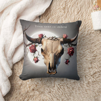 Boho Chic Watercolor Romantic Floral Cow Skull Cushion