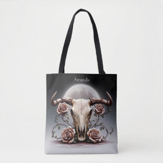Boho Chic Watercolor Romantic Floral Cow Skull Tote Bag