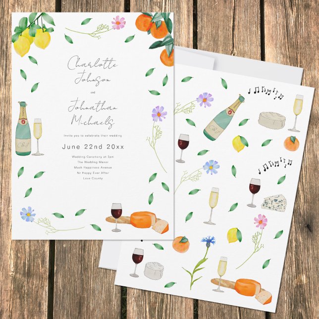 Boho Chic Watercolor Rustic Summer Wedding Invitation (Lemon and orange botanical citrus boho watercolor wedding invitation )
