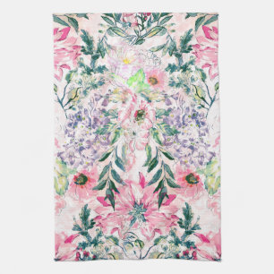 boho chic watercolor spring pink floral tea towel