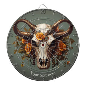 Boho Chic Watercolor Steampunk Floral Cow Skull Dartboard
