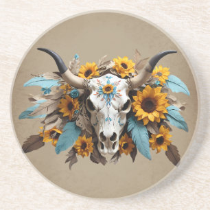 Boho Chic Watercolor Sunflower Feather Cow Skull Coaster