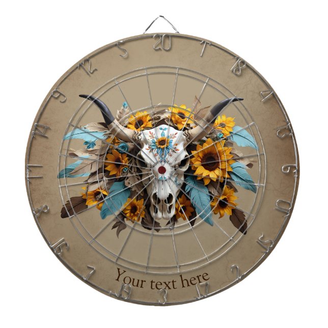 Boho Chic Watercolor Sunflower Feather Cow Skull  Dartboard (Front)