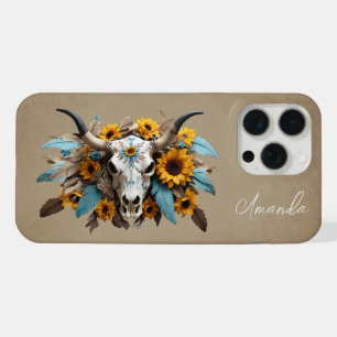 Boho Chic Watercolor Sunflower Feather Cow Skull  iPhone 15 Pro Max Case