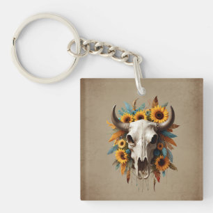 Boho Chic Watercolor Sunflower Feather Cow Skull Key Ring