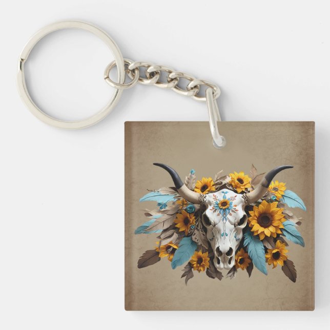 Boho Chic Watercolor Sunflower Feather Cow Skull  Key Ring (Front)