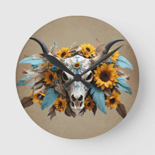 Boho Chic Watercolor Sunflower Feather Cow Skull Round Clock