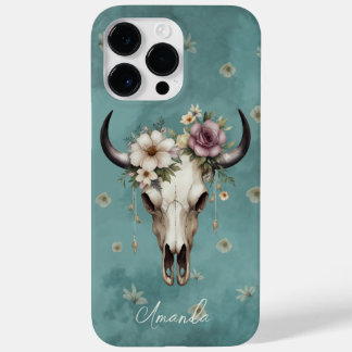 Boho Chic Watercolor Teal Floral Cow Skull  Case-Mate iPhone 14 Pro Max Case