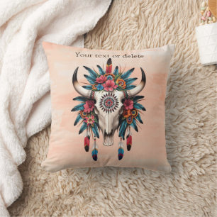 Boho Chic Watercolor Tribal Floral Cow Skull  Cushion