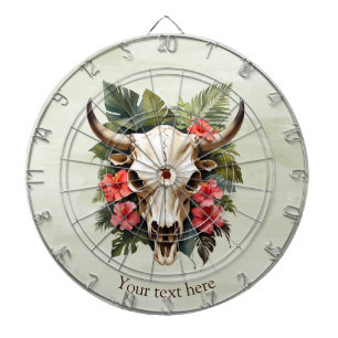 Boho Chic Watercolor Tropical Floral Cow Skull  Dartboard