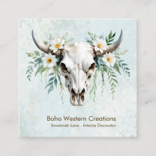 Boho Chic Watercolor White Floral Cow Skull Square Business Card