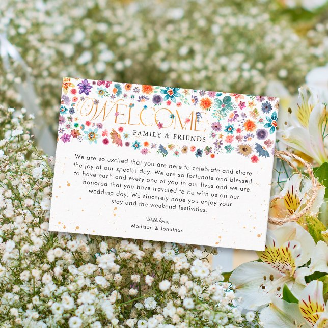 Boho Chic Whimsical Wildflower Gold Typography Place Card (Front)
