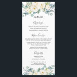Boho Chic White Floral Eucalyptus Wedding Menu<br><div class="desc">Designed to co-ordinate with our Rustic Ivory wedding collection, this elegant wedding menu features a beautiful watercolor ivory white roses, hydrangeas, stocks and eucalyptus greenery arrangement. Personalise it with your wedding details easily and quickly, simply press the customise it button to further re-arrange and format the style and placement of...</div>