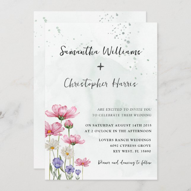 Boho Chic Wild Flower Watercolor Wedding  Invitation (Front/Back)