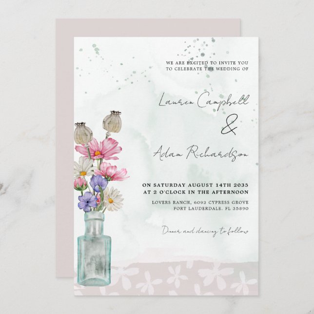 Boho Chic Wild Flower Watercolor Wedding  Invitation (Front/Back)