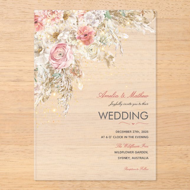 Boho Chic Wildflower Autumn Rustic Floral Wedding  Acrylic Invitations (Front)