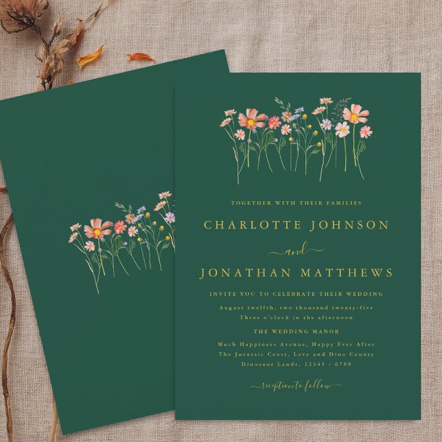 Boho Chic Wildflower Fall Green & Gold Wedding Invitation (Boho fall Wildflower floral green & gold Wedding invitation Elegant modern watercolor autumn flowers)