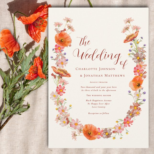 Boho Chic Wildflower Fall Wedding Invitation (Boho wildflower elegant script wedding  invitation with orange watercolor floral)