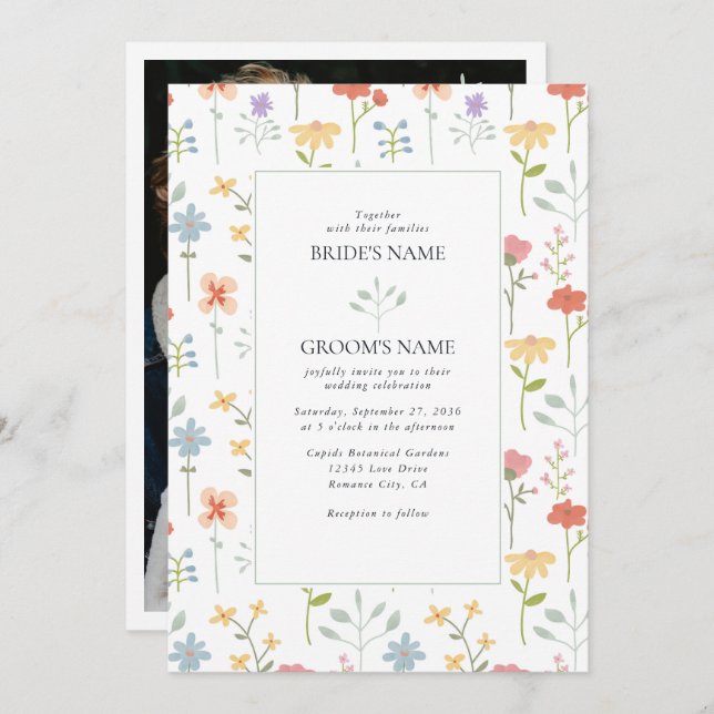 Boho Chic Wildflowers Modern Floral Wedding Invitation (Front/Back)