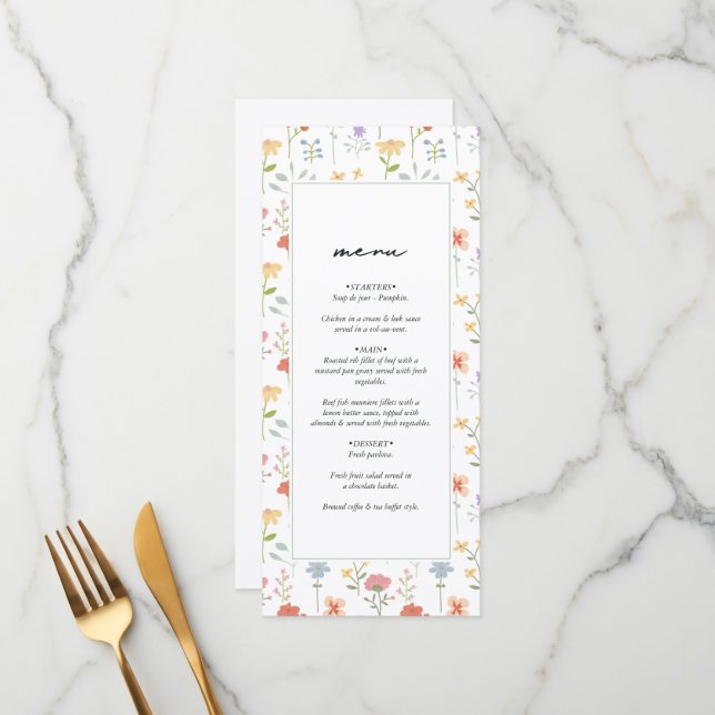 Boho Chic Wildflowers Modern Floral Wedding Menu (Front/Back In Situ)