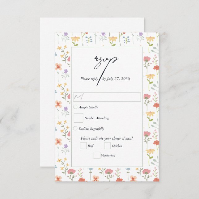 Boho Chic Wildflowers Modern Floral Wedding RSVP Card (Front/Back)