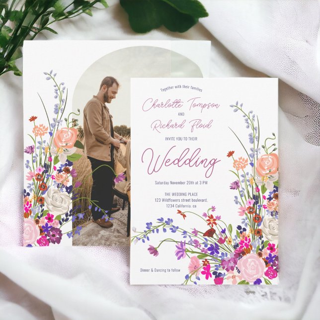 Boho chic wildflowers script photo wedding invitation (Boho chic wildflowers script photo wedding invitation)
