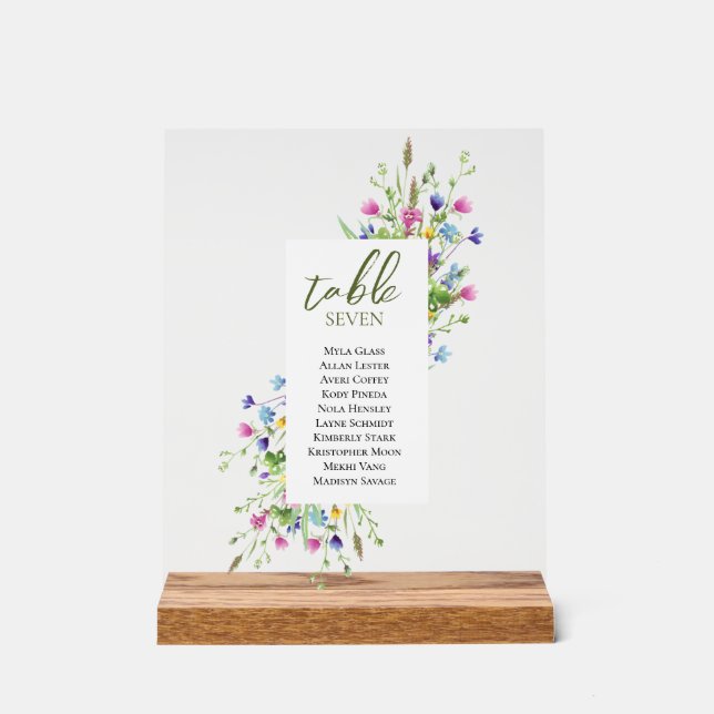 Boho chic Wildflowers Script Wedding seating Acrylic Sign (Front)