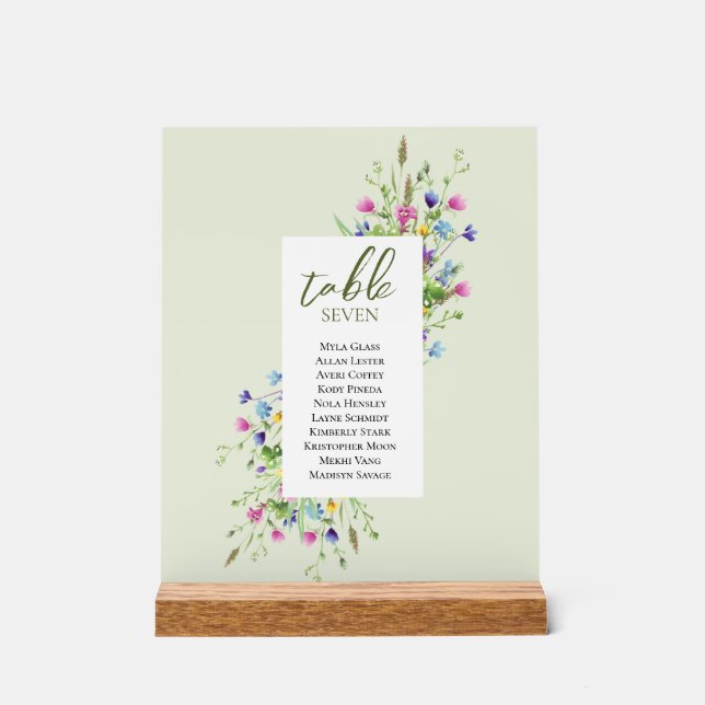 Boho chic Wildflowers Script Wedding seating Acrylic Sign (Front)
