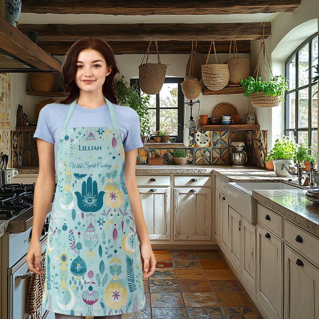 Boho Chic with Hamsa Hand and Floral Accents Teal  Apron (Creator Uploaded)