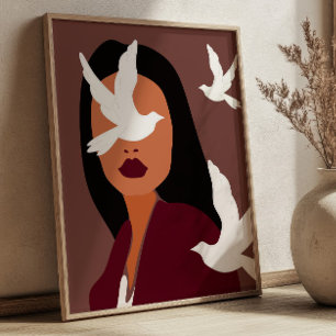 Boho Chic Woman with White Doves Minimalist Art Poster