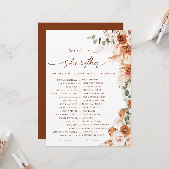 Boho Chic Would She Rather Bridal Shower Game (Front/Back In Situ)