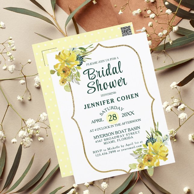 Boho Chic Yellow Floral Bridal Shower Invitation Postcard (Creator Uploaded)