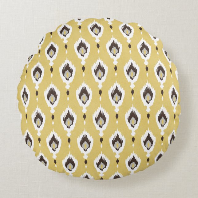 Boho chic yellow ikat tribal pattern monogram round cushion (Front)