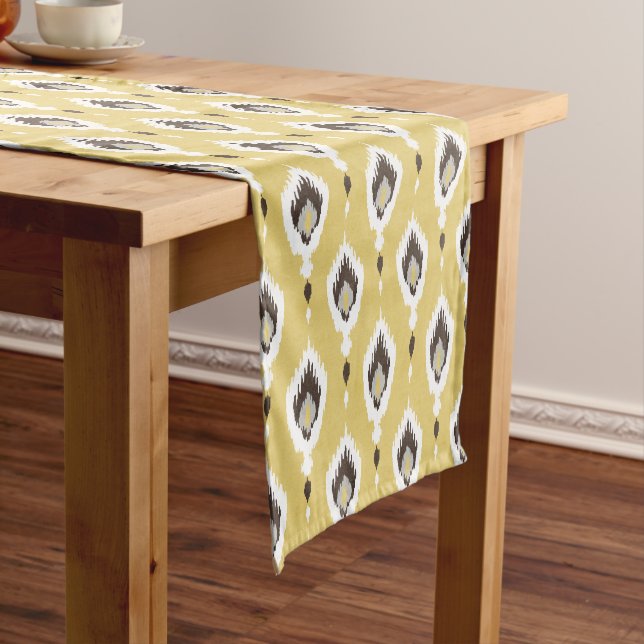 Boho chic yellow ikat tribal pattern monogram short table runner (In Situ)