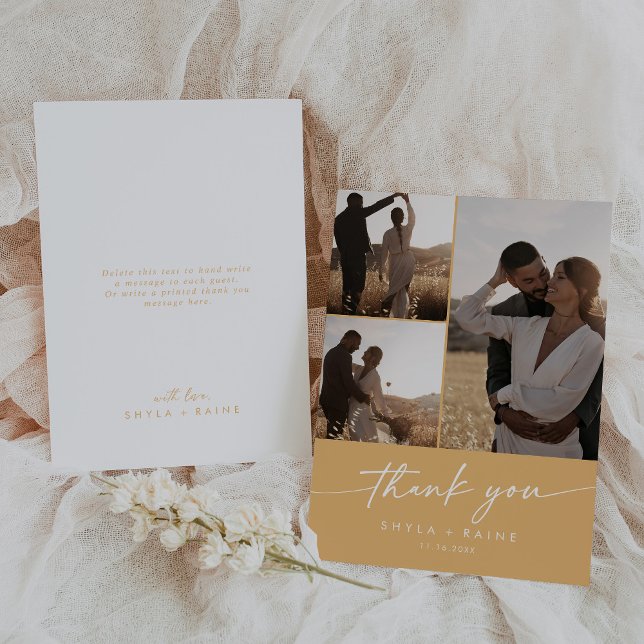 Boho Chic Yellow Marigold Wedding Photo Collage Thank You Card (Creator Uploaded)