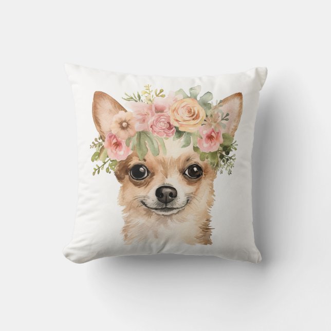 Boho Chihuahua Flower Crown Watercolor Cushion (Front)