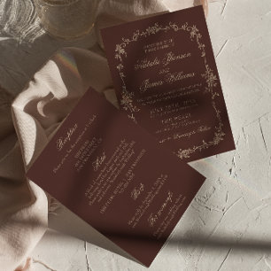 Boho Chocolate Brown Floral All In One Wedding Invitation