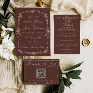 Boho Chocolate Brown Floral Old Money Chic Wedding Invitation