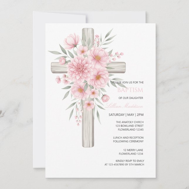 Boho Christening Baptism girl bow invitation (Front)