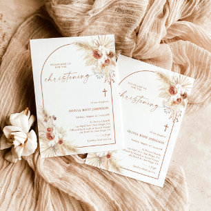 Boho Christening Invite, Pampas Grass Boho Baptism Invitation