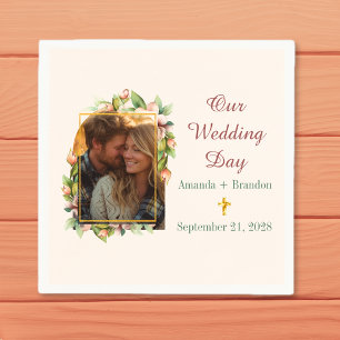 Boho Christian Cross Floral Arch Photo Wedding Napkin