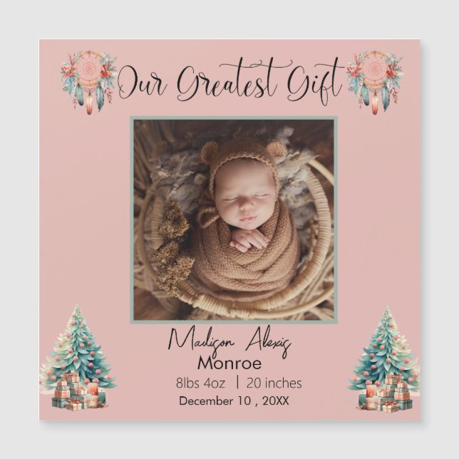 Boho Christmas Baby Stats Birth Announcement (Front)