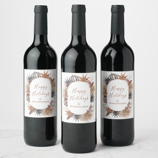 Boho Christmas Botanicals Personalised Wine Label (Bottles)
