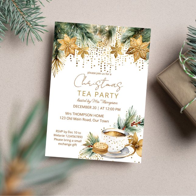 Boho Christmas Christmas brunch tea party template (Boho Christmas Christmas brunch tea party template invitation digital download gold poinsettia cup)