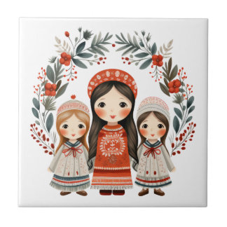 Boho Christmas Girls Scandinavian Folk Art Tile