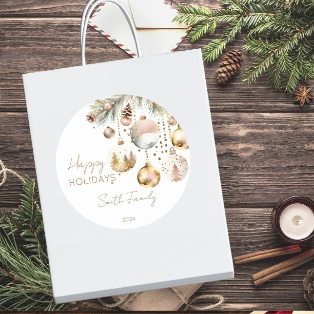 Boho Christmas holiday snowy pines gold baubles Classic Round Sticker (Boho Christmas holiday snowy pines gold baubles gift Stickers watercolor boho happy holidays sticker)