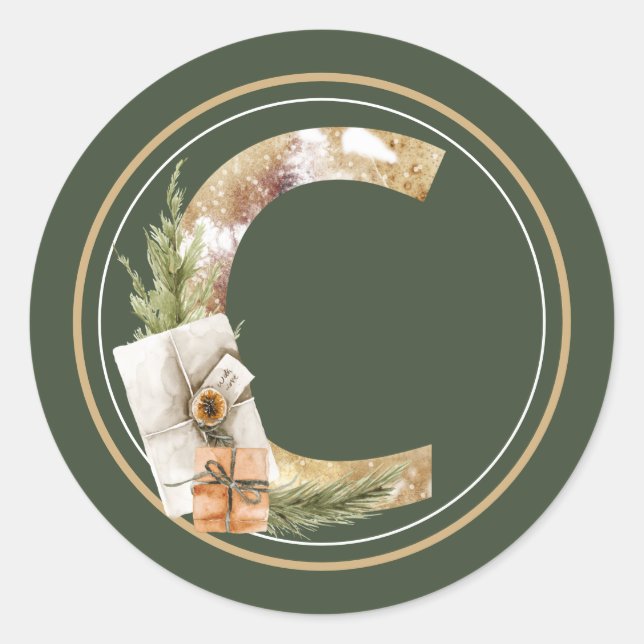 Boho Christmas Monogram C with Packages Classic Round Sticker (Front)